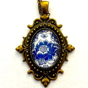 Blue and White Floral Print Victorian Style Necklace, NWT, Handmade
